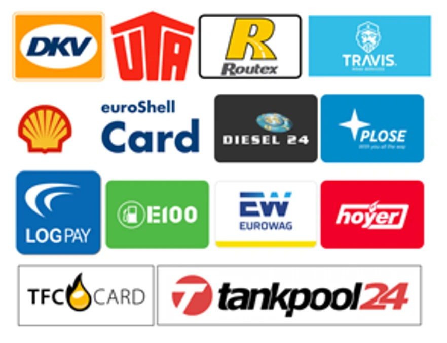 Übersicht der akzeptierten Flotten- und Tankkarten: DKV, UTA, Routex, TRAVIS, euroShell Card, Diesel24, PLOSE, LOGPAY, E100, EW Eurowag, hoyer, TFC Card und tankpool24